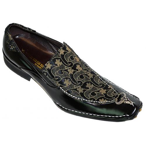 Fiesso Black Paisley Embroidered Pony Hair Leather Shoes FI6348